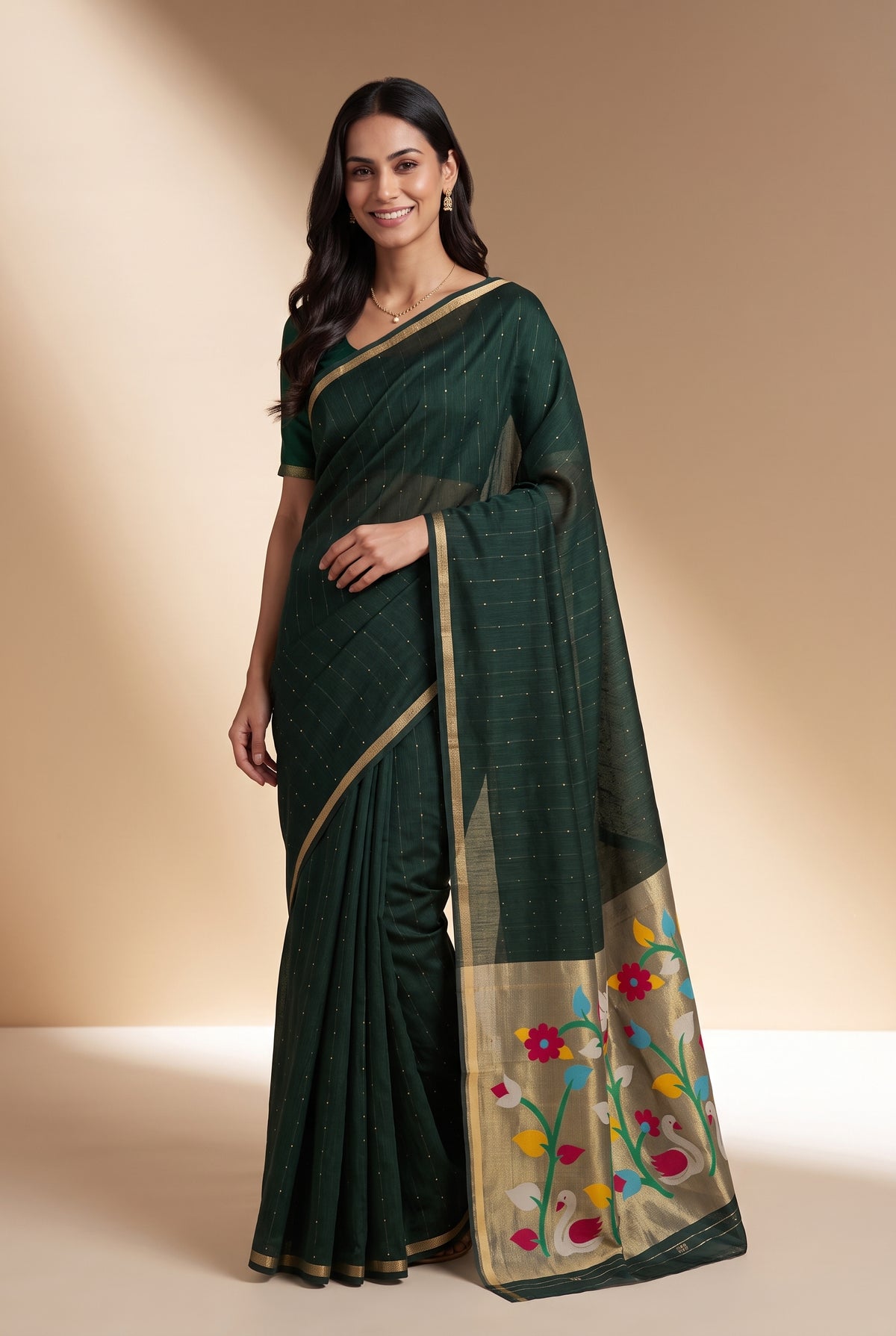 Bottle Green Jamdhani Cotton Paithani Saree with Kapota-Kusuma Pallu