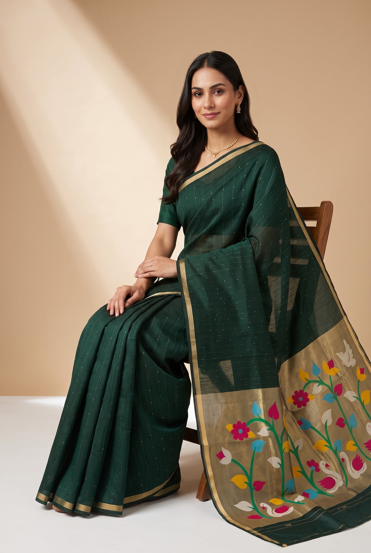 Bottle Green Jamdhani Cotton Paithani Saree with Kapota-Kusuma Pallu