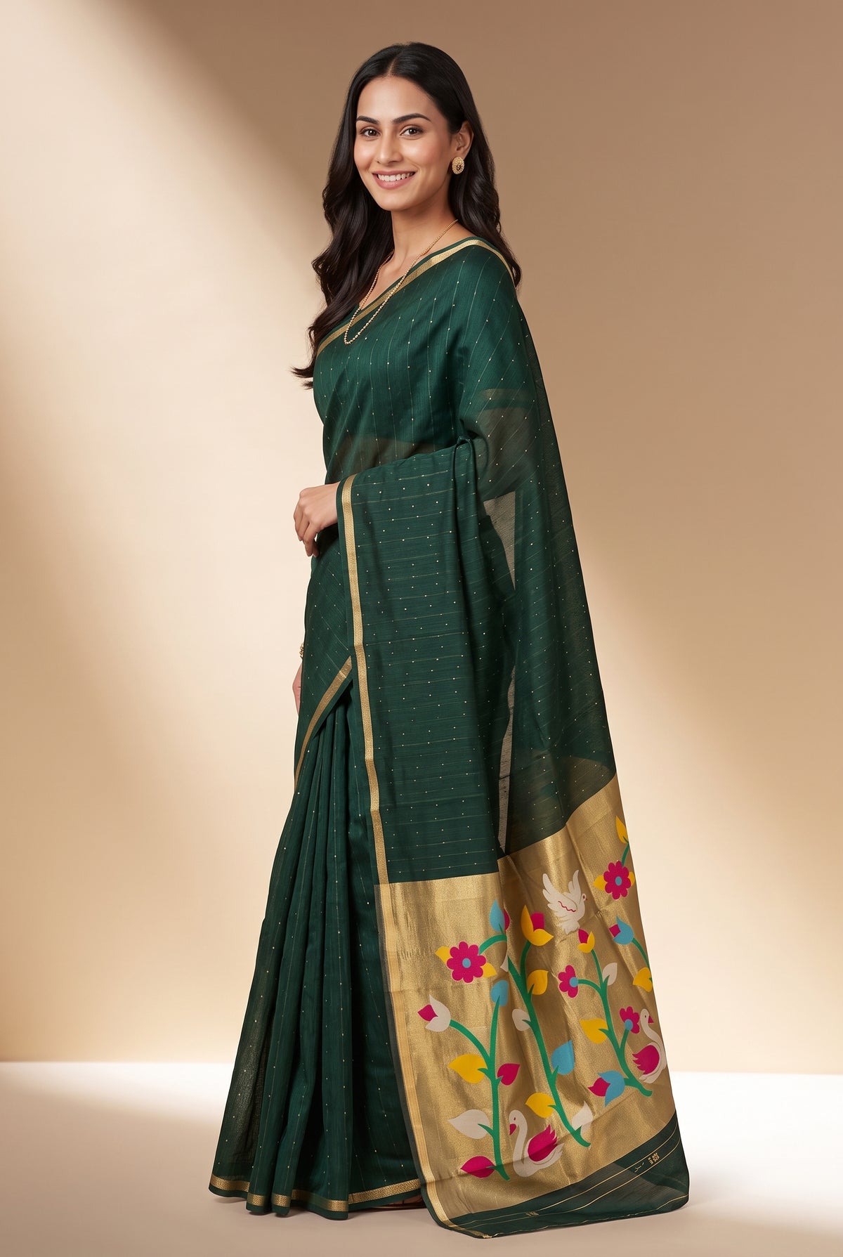 Bottle Green Jamdhani Cotton Paithani Saree with Kapota-Kusuma Pallu