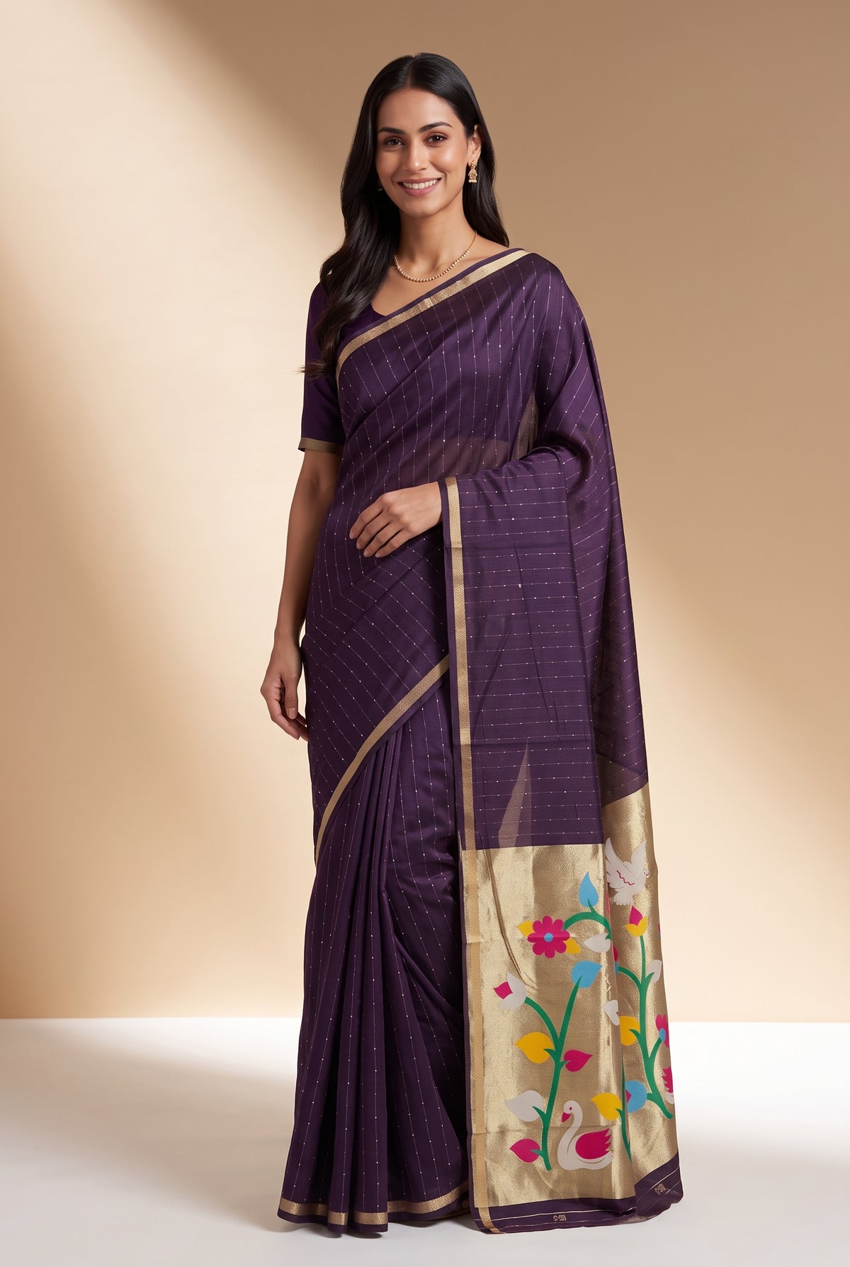 Plum Purple Jamdhani Cotton Paithani Saree with Kapota-Kusuma Pallu
