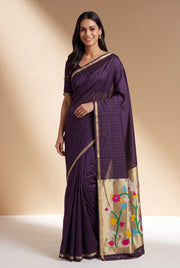 Plum Purple Jamdhani Cotton Paithani Saree with Kapota-Kusuma Pallu