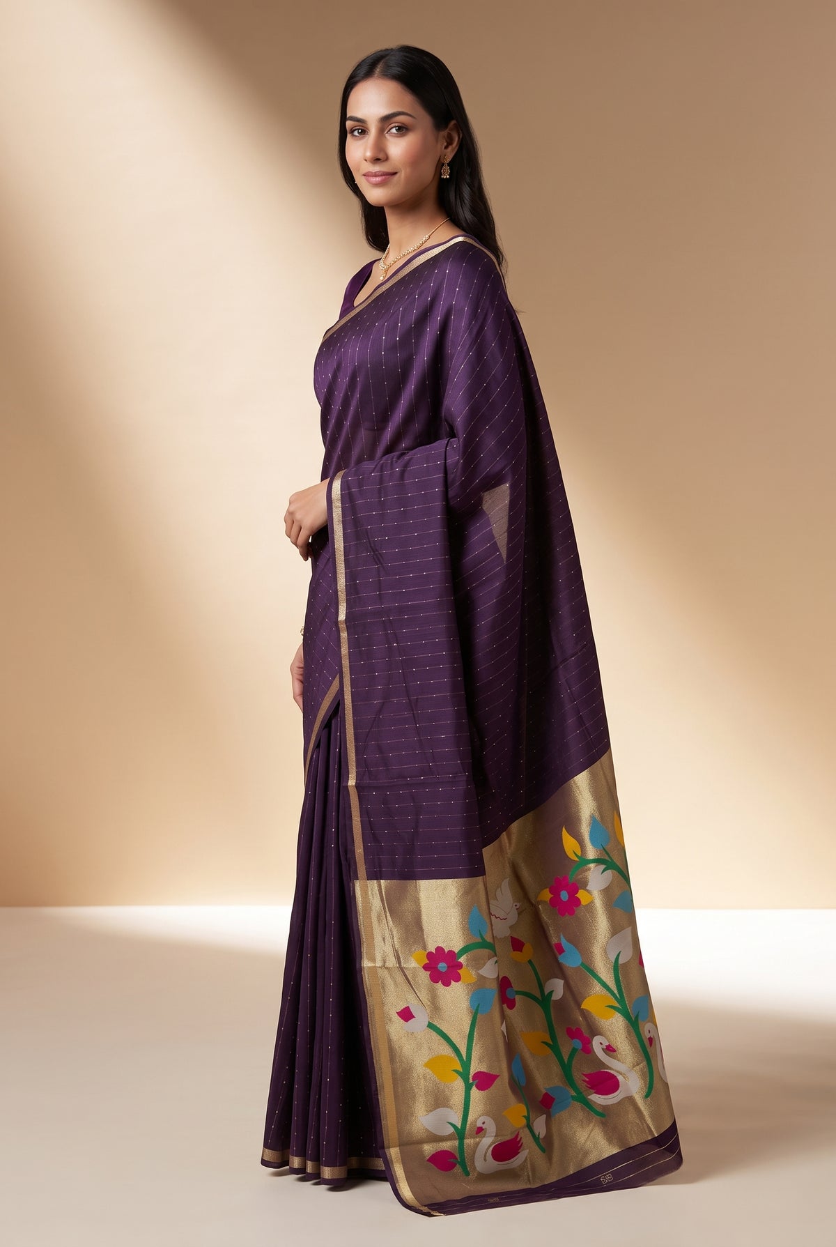 Plum Purple Jamdhani Cotton Paithani Saree with Kapota-Kusuma Pallu