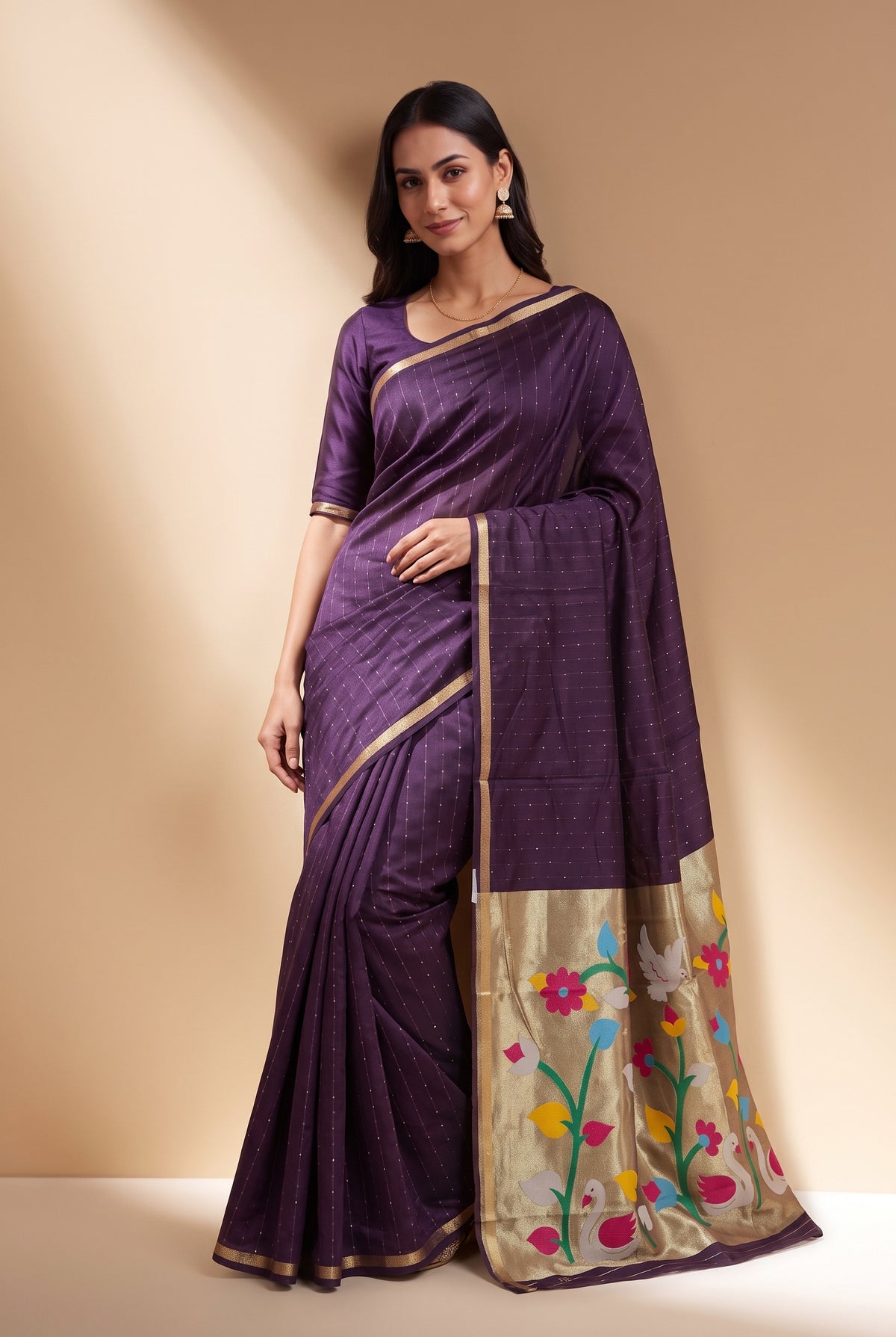 Plum Purple Jamdhani Cotton Paithani Saree with Kapota-Kusuma Pallu