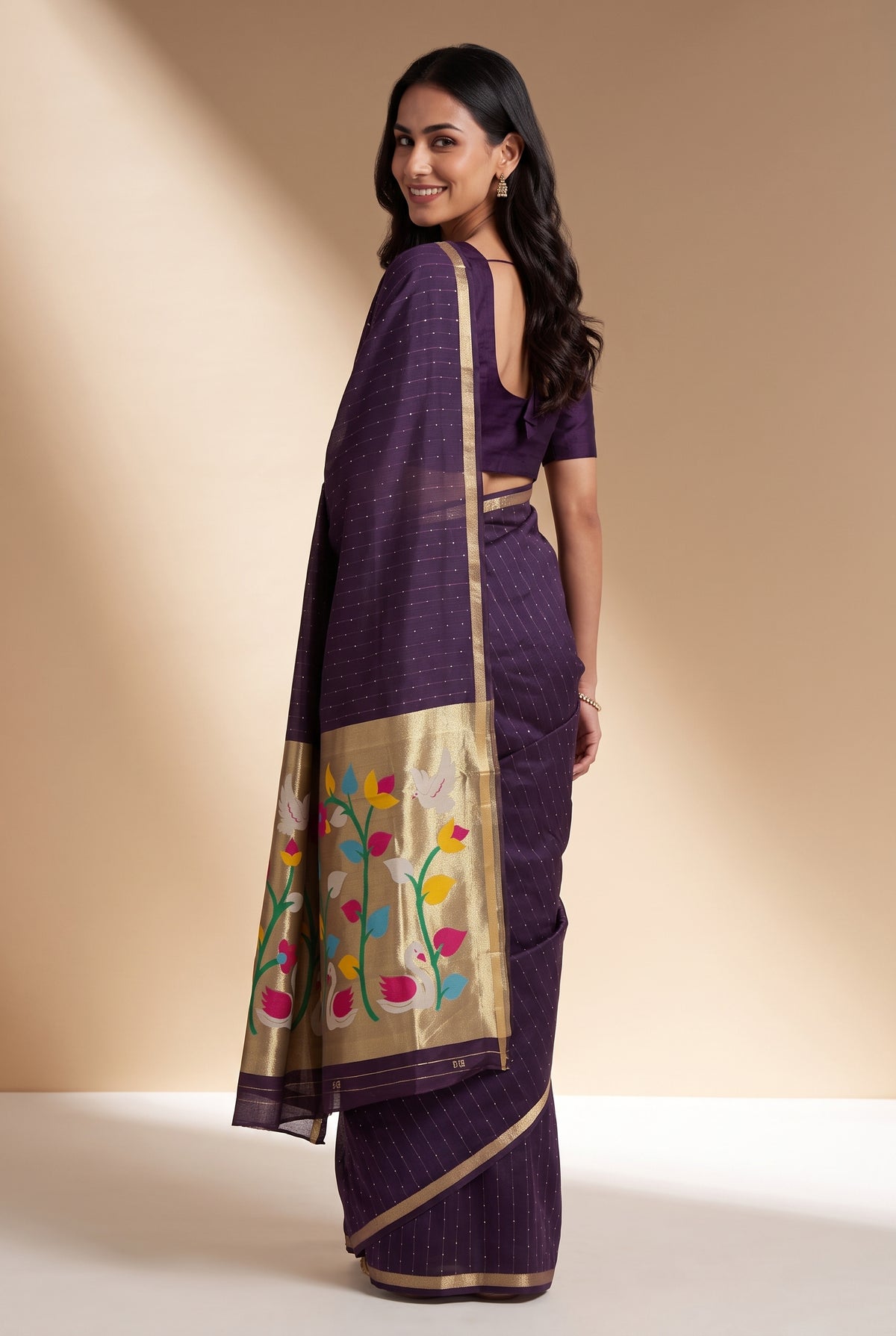 Plum Purple Jamdhani Cotton Paithani Saree with Kapota-Kusuma Pallu