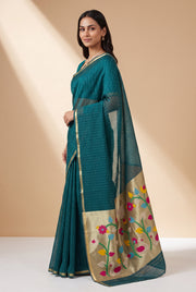 Peacock Green Jamdhani Cotton Paithani Saree with Kapota-Kusuma Pallu