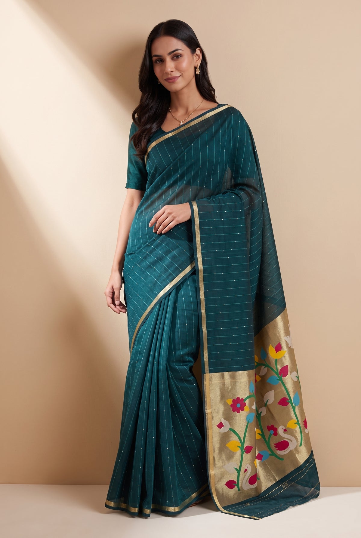 Peacock Green Jamdhani Cotton Paithani Saree with Kapota-Kusuma Pallu