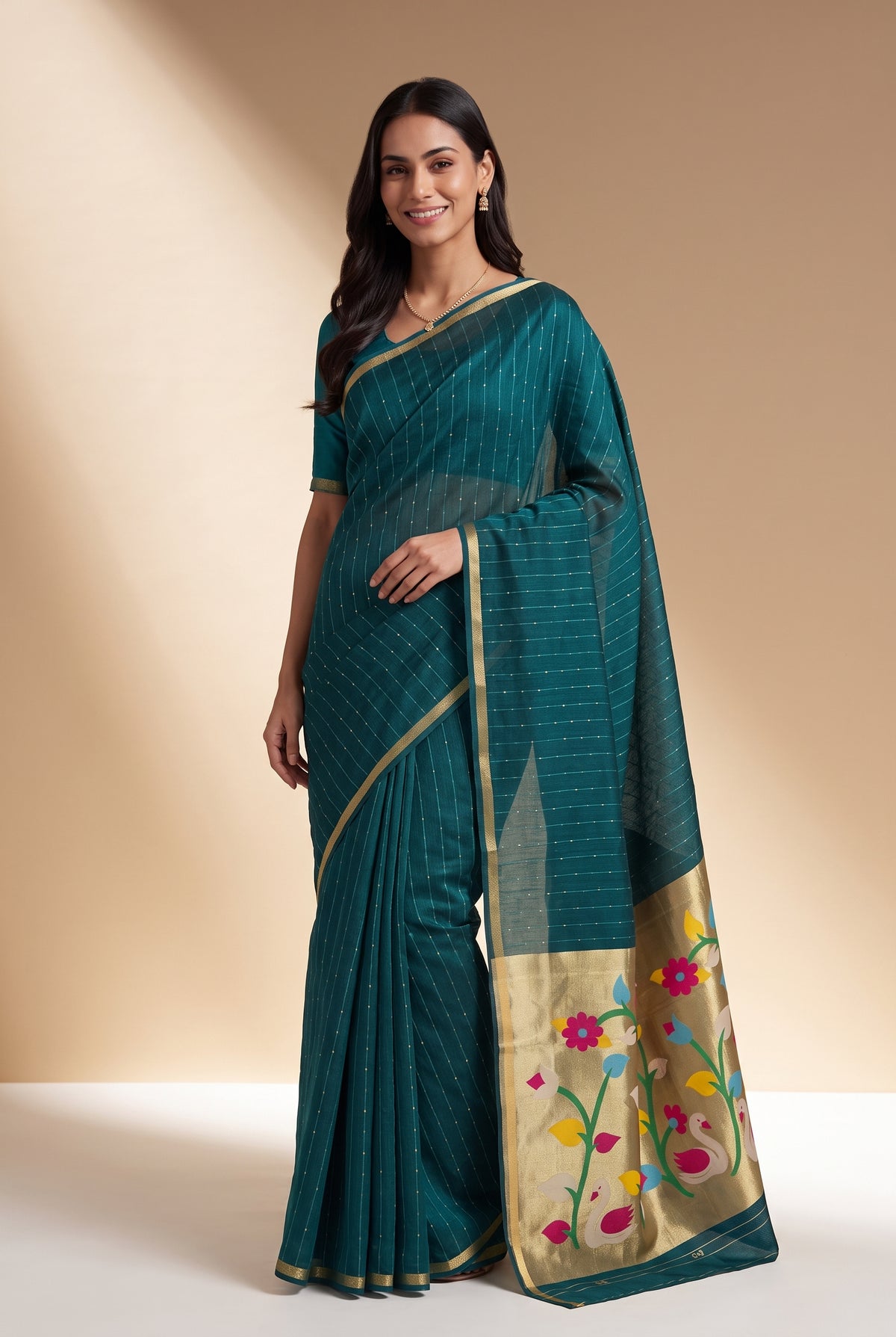 Peacock Green Jamdhani Cotton Paithani Saree with Kapota-Kusuma Pallu