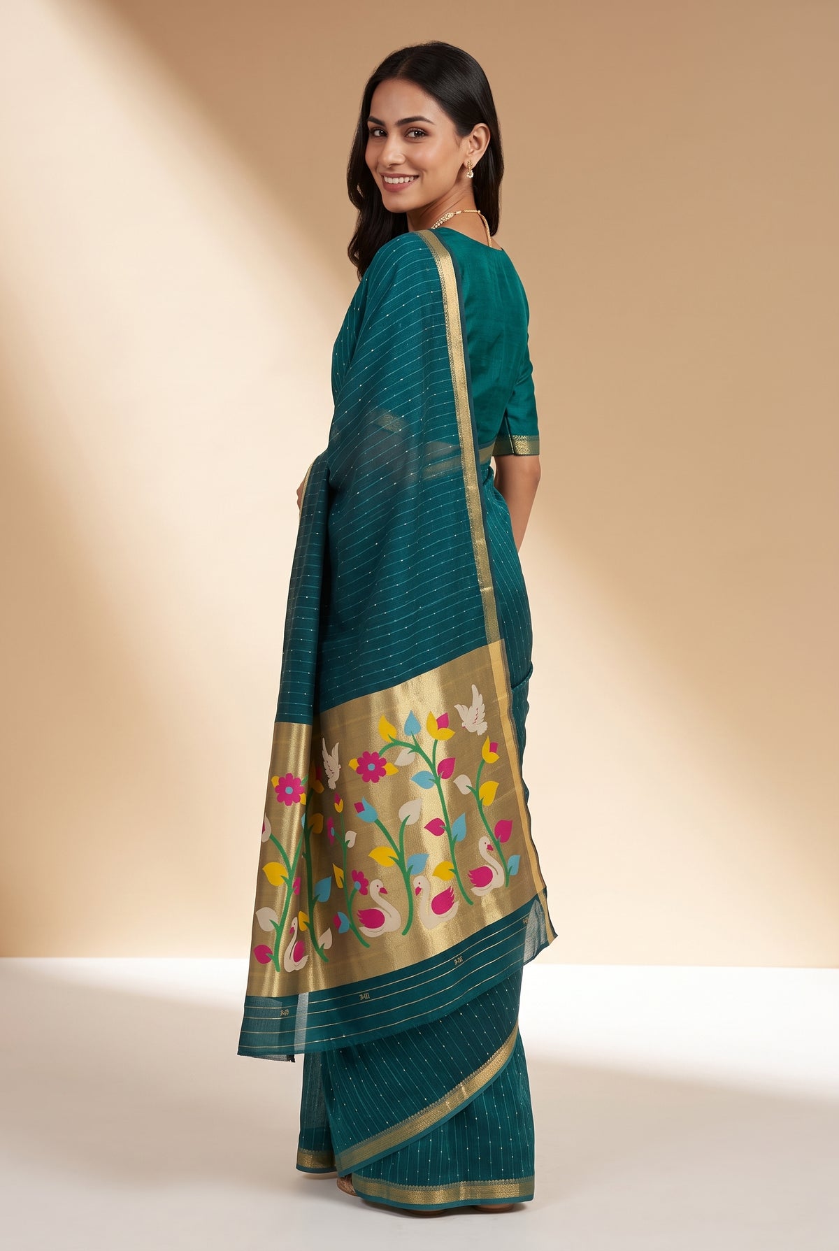 Peacock Green Jamdhani Cotton Paithani Saree with Kapota-Kusuma Pallu