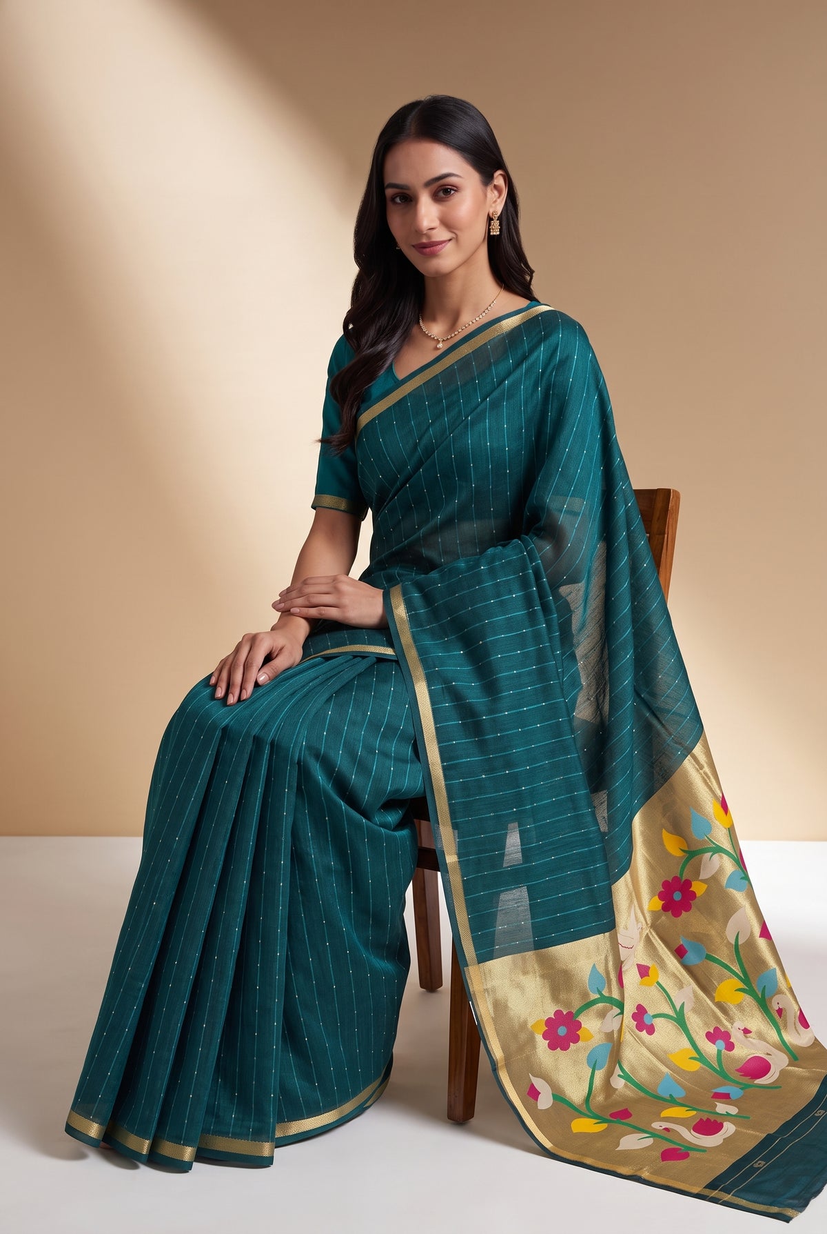 Peacock Green Jamdhani Cotton Paithani Saree with Kapota-Kusuma Pallu
