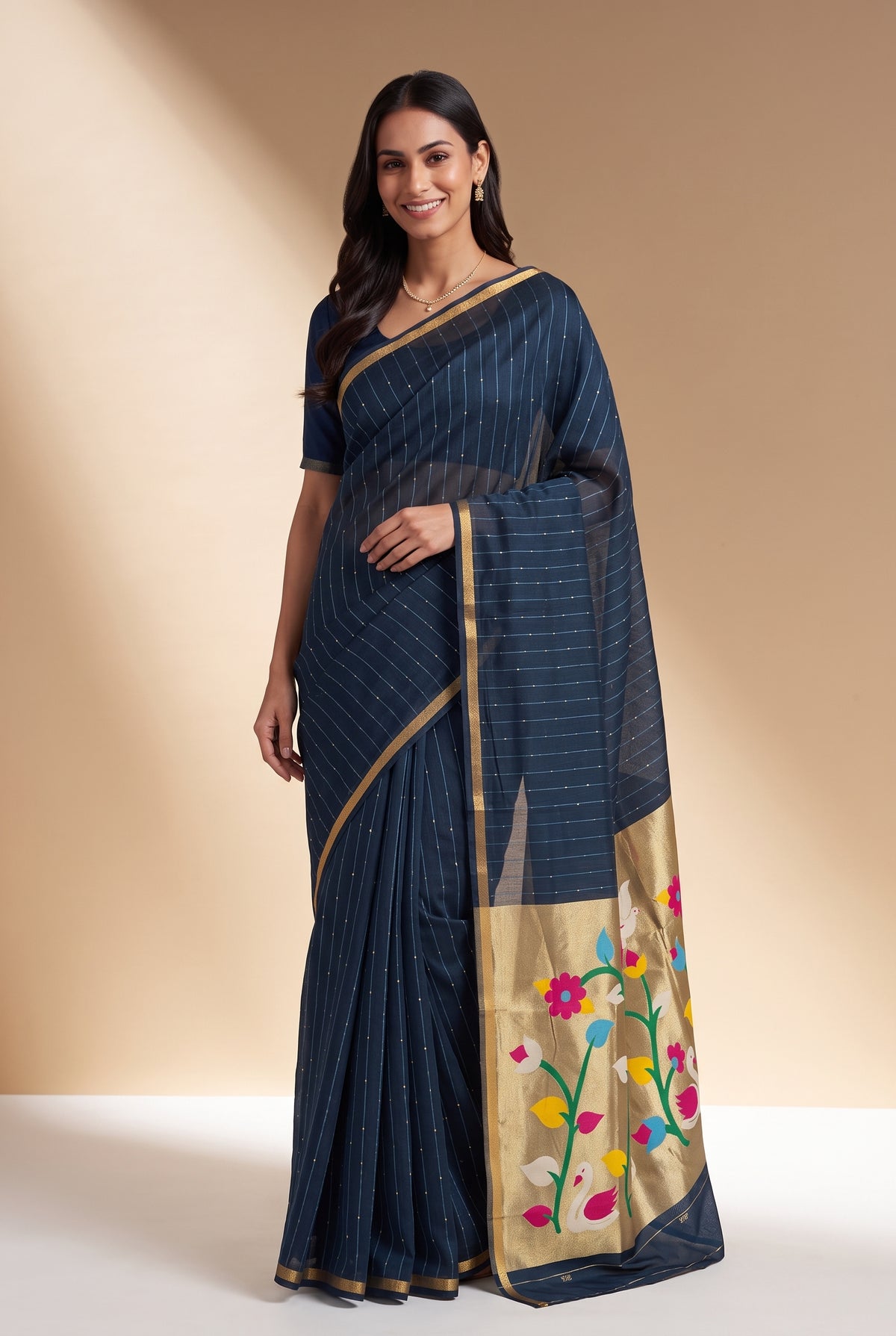 Midnight Blue Jamdhani Cotton Paithani Saree with Kapota-Kusuma Pallu
