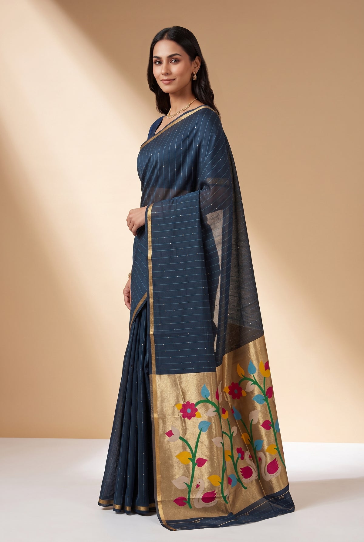 Midnight Blue Jamdhani Cotton Paithani Saree with Kapota-Kusuma Pallu
