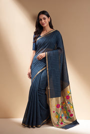 Midnight Blue Jamdhani Cotton Paithani Saree with Kapota-Kusuma Pallu