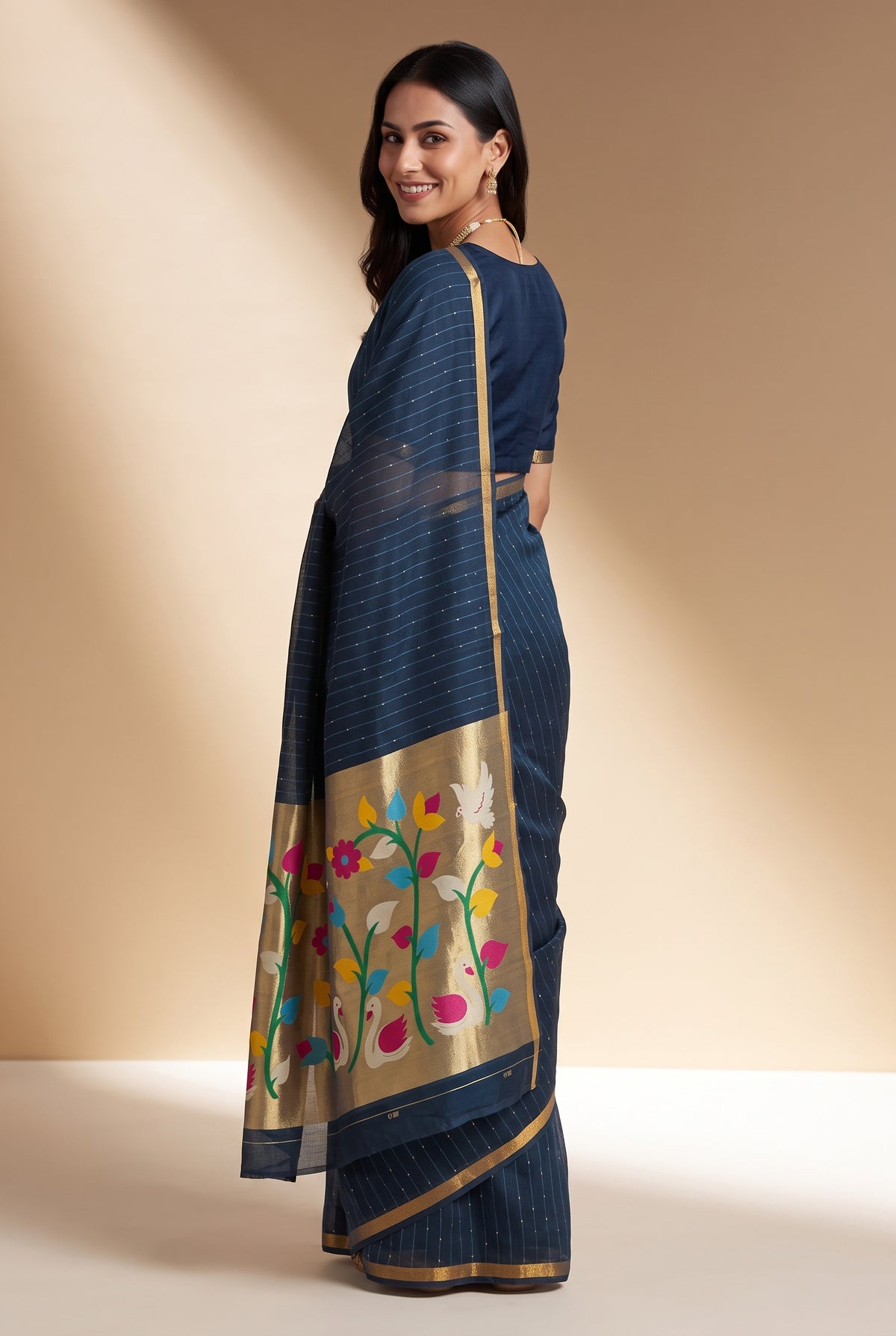 Midnight Blue Jamdhani Cotton Paithani Saree with Kapota-Kusuma Pallu