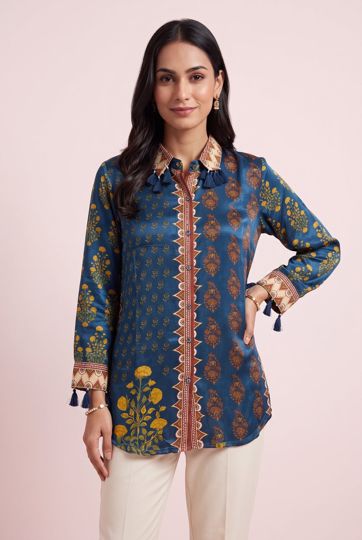 Navy Blue Marigold Shirt with Floral Print and Tassels