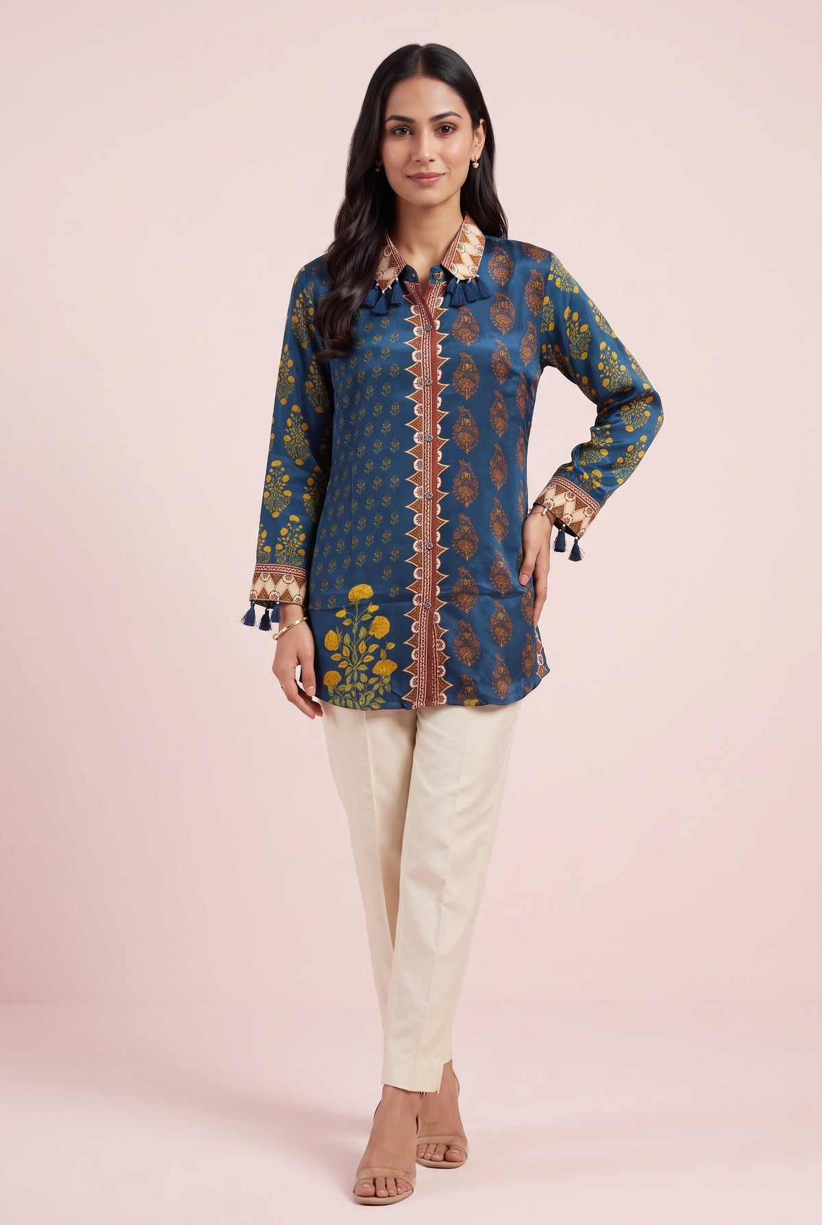 Navy Blue Marigold Shirt with Floral Print and Tassels