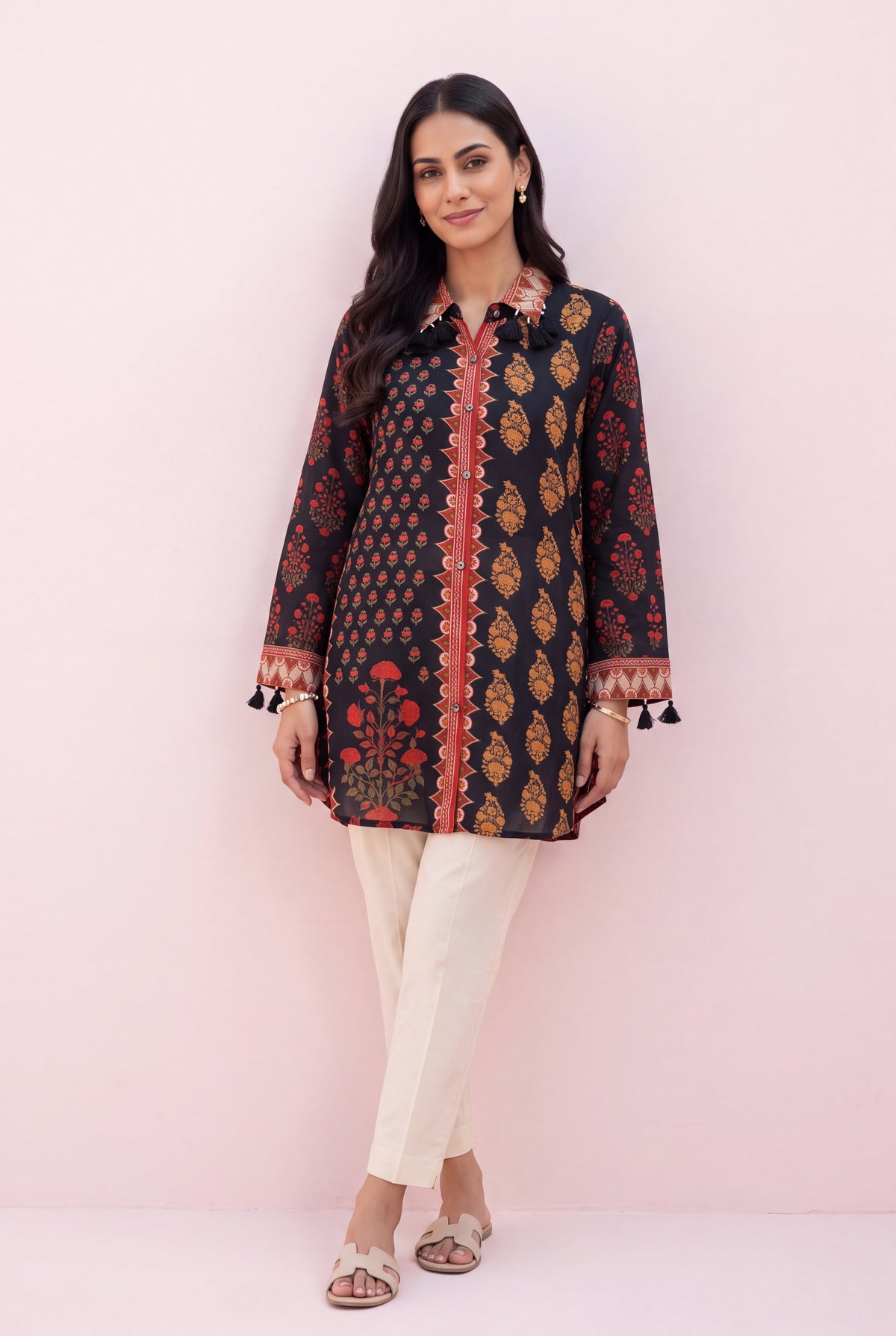 Black Rose Shirt with Floral Print and Tassels