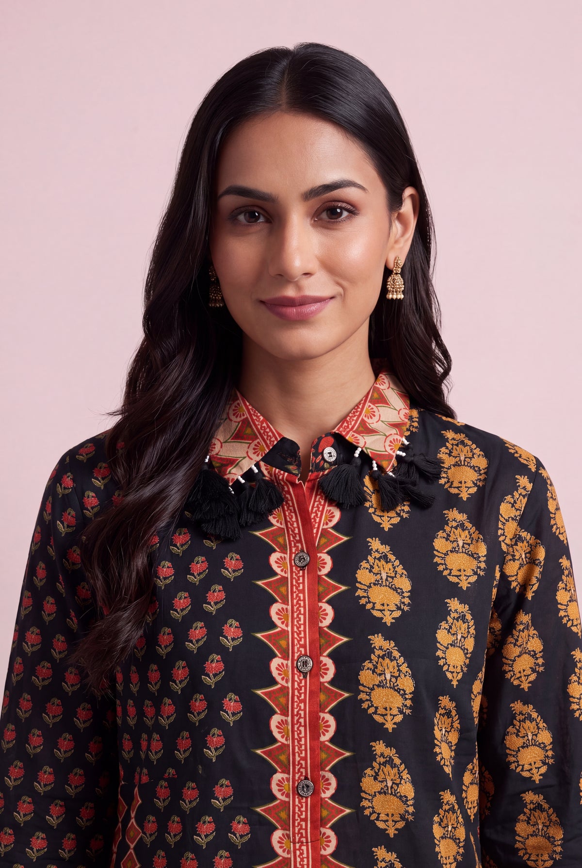 Black Rose Shirt with Floral Print and Tassels