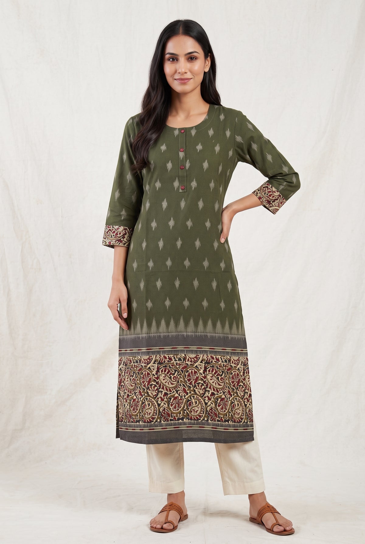 Olive Green Madras Cotton Kurti with Kalamkari Border and Ikat print