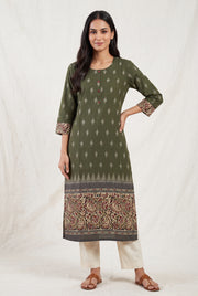 Olive Green Madras Cotton Kurti with Kalamkari Border and Ikat print