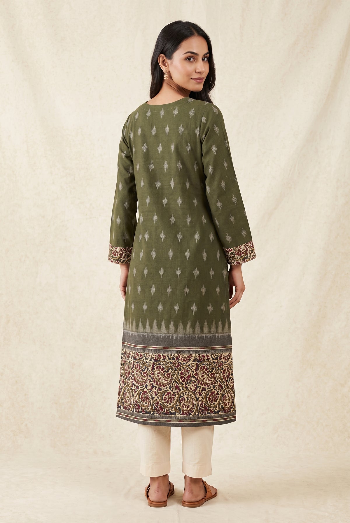 Olive Green Madras Cotton Kurti with Kalamkari Border and Ikat print
