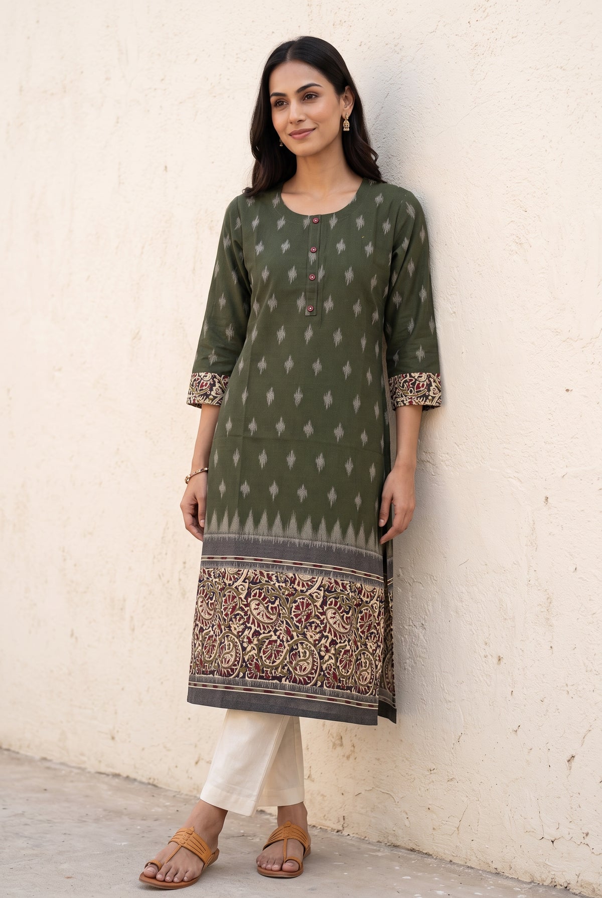 Olive Green Madras Cotton Kurti with Kalamkari Border and Ikat print