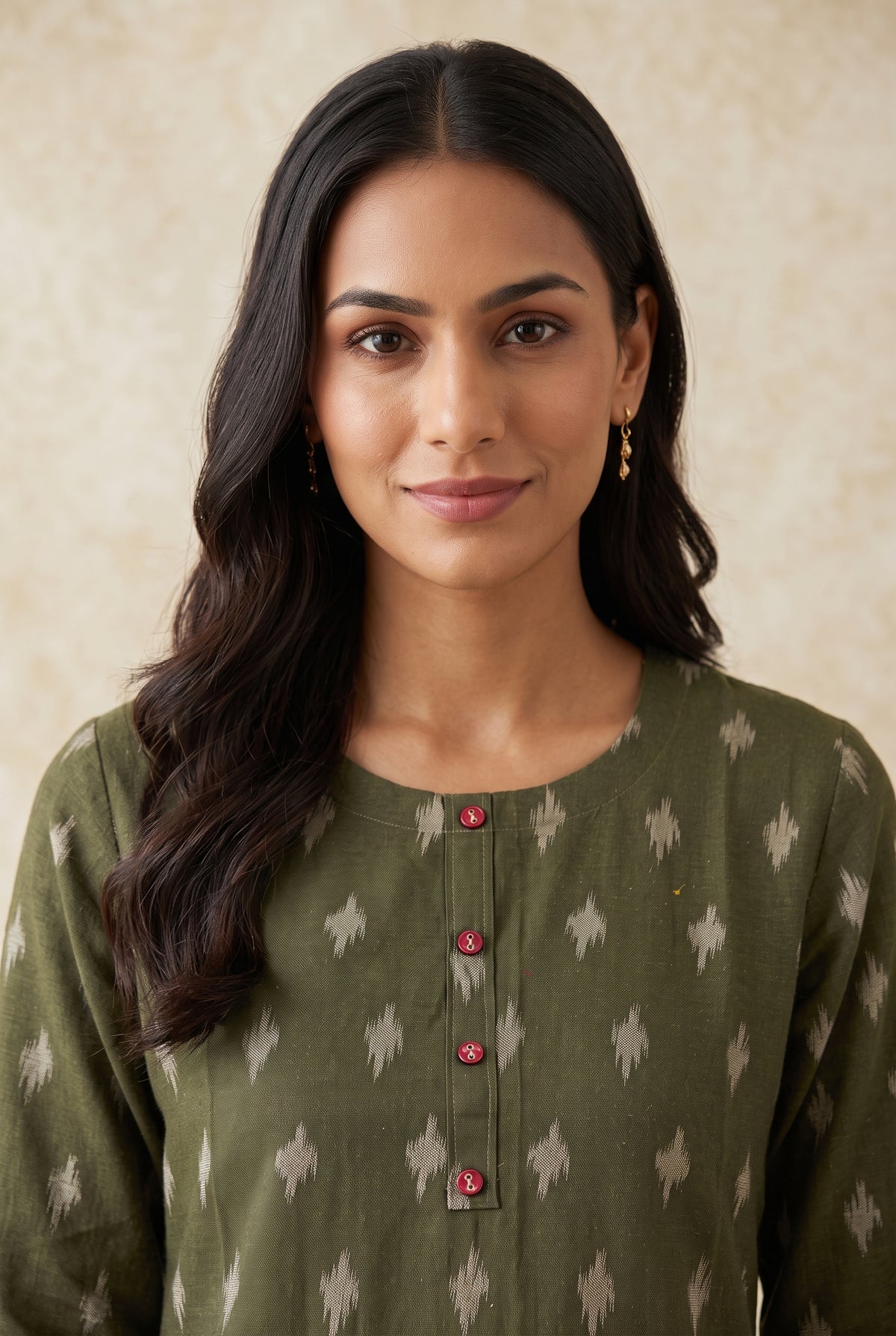 Olive Green Madras Cotton Kurti with Kalamkari Border and Ikat print