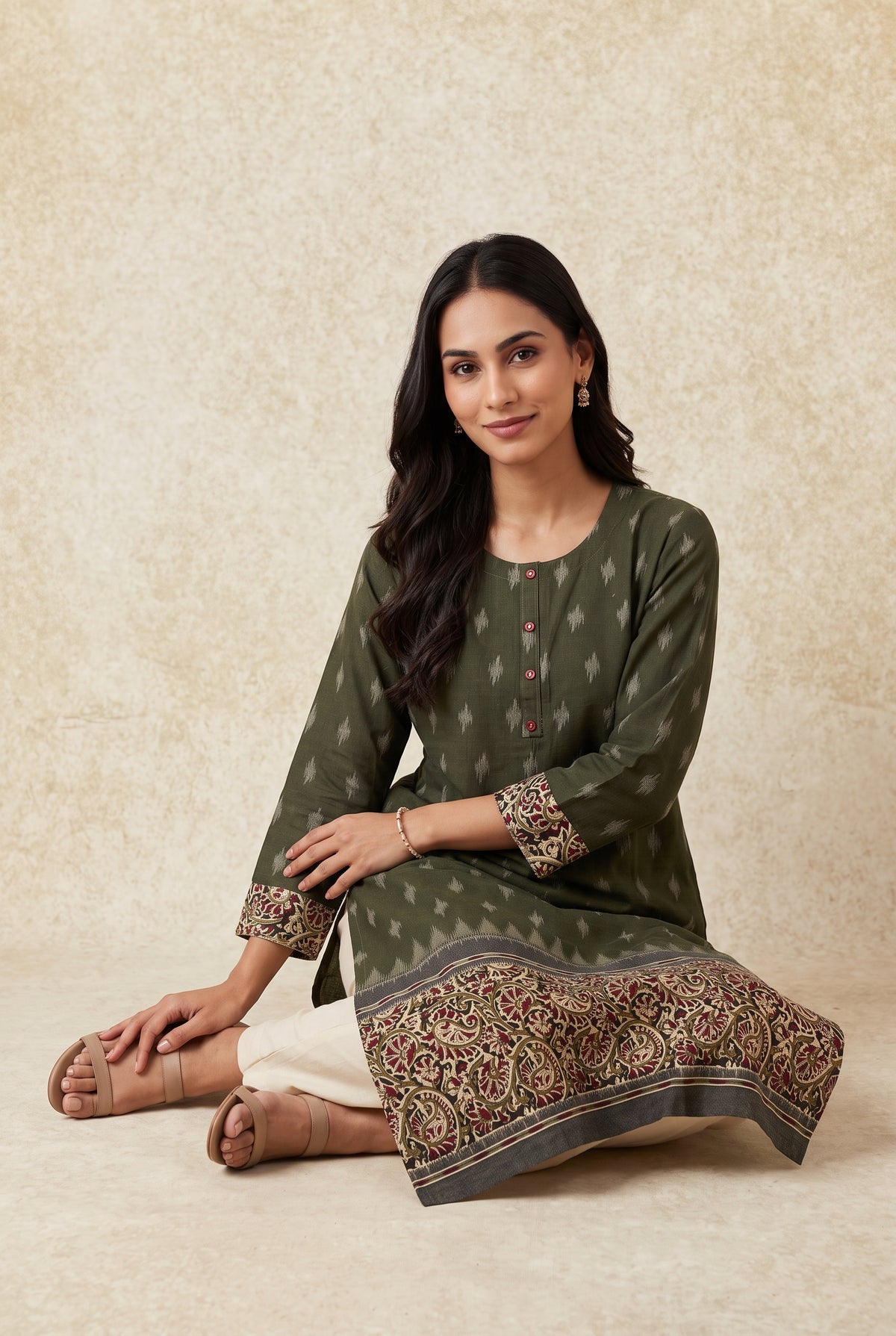Olive Green Madras Cotton Kurti with Kalamkari Border and Ikat print