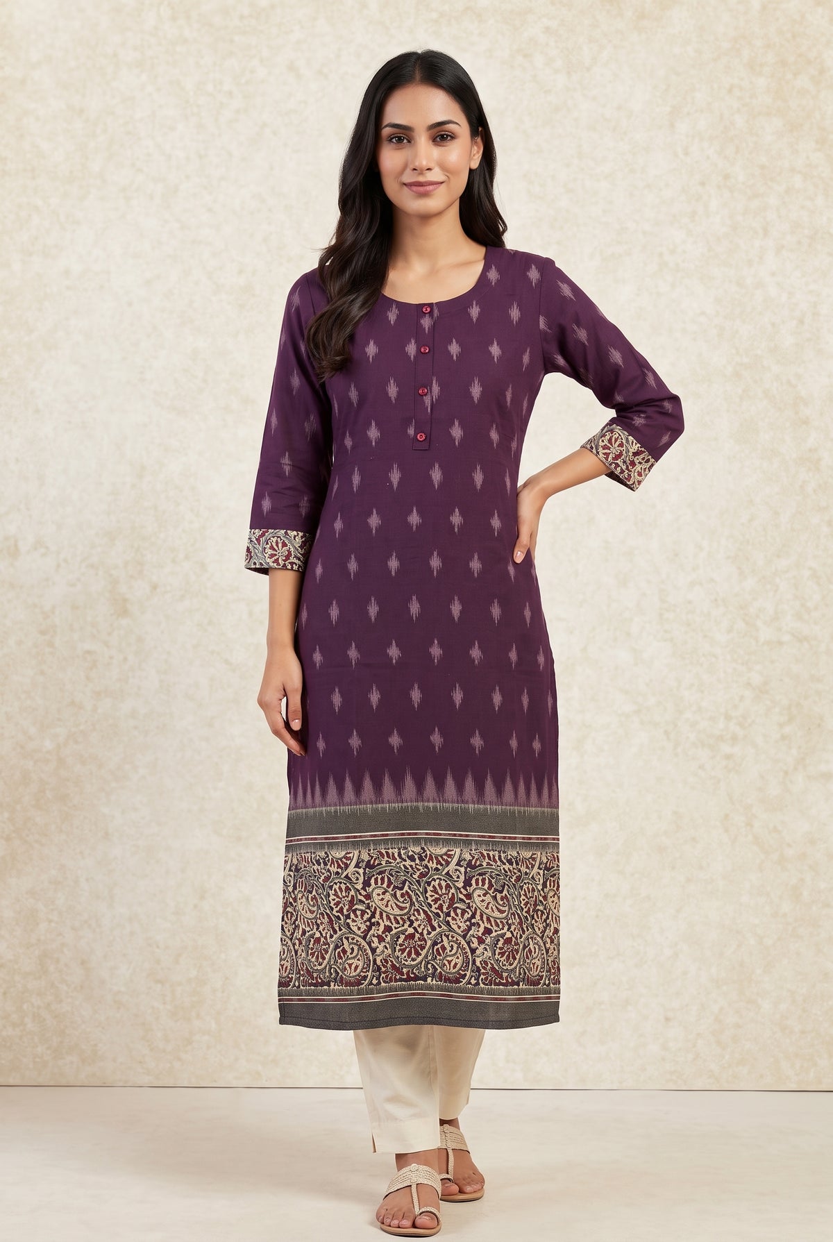 Plum Purple Madras Cotton Kurti with Kalamkari Border and Ikat print