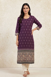 Plum Purple Madras Cotton Kurti with Kalamkari Border and Ikat print