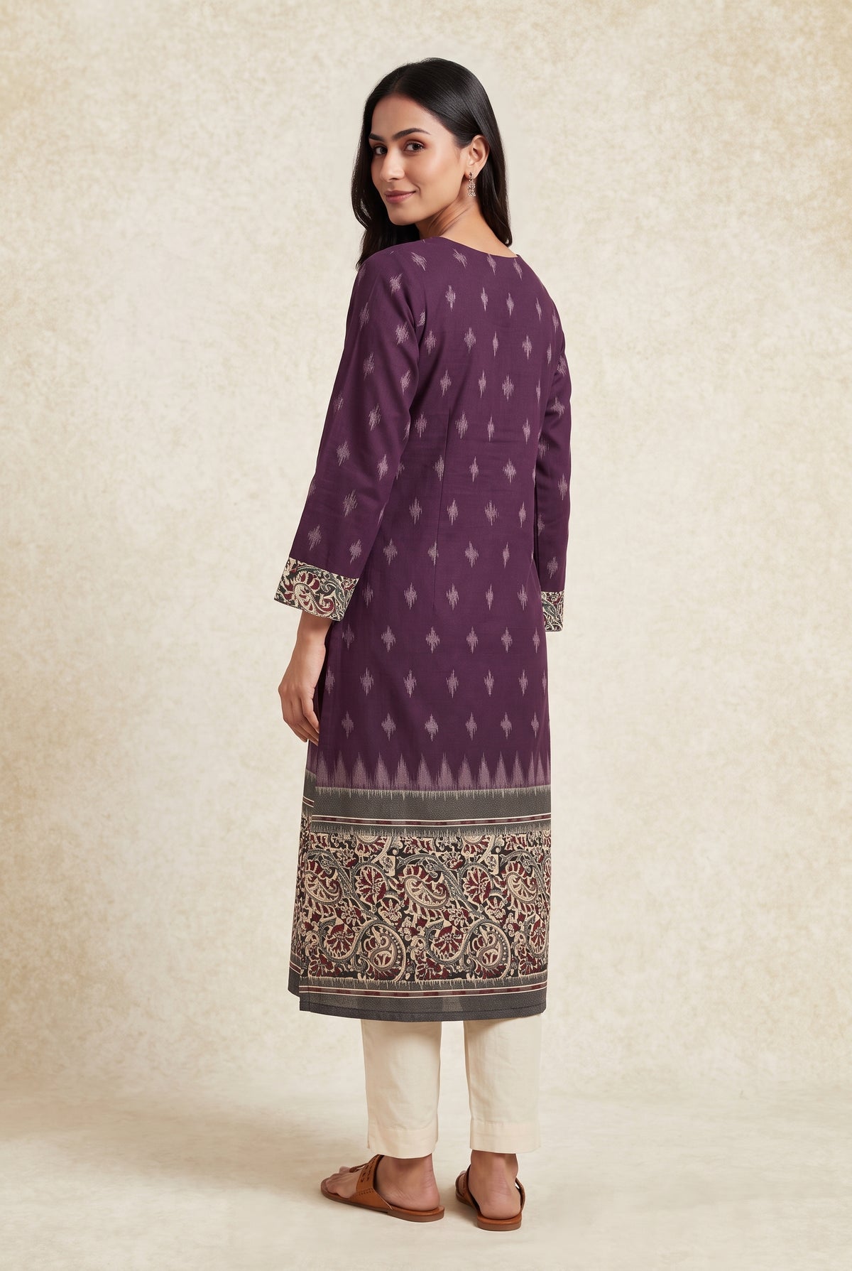 Plum Purple Madras Cotton Kurti with Kalamkari Border and Ikat print
