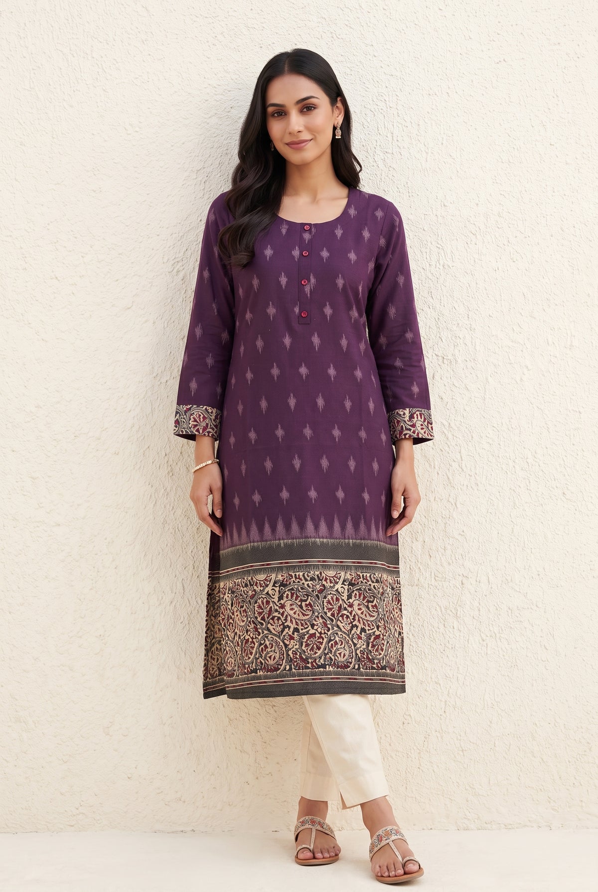 Plum Purple Madras Cotton Kurti with Kalamkari Border and Ikat print