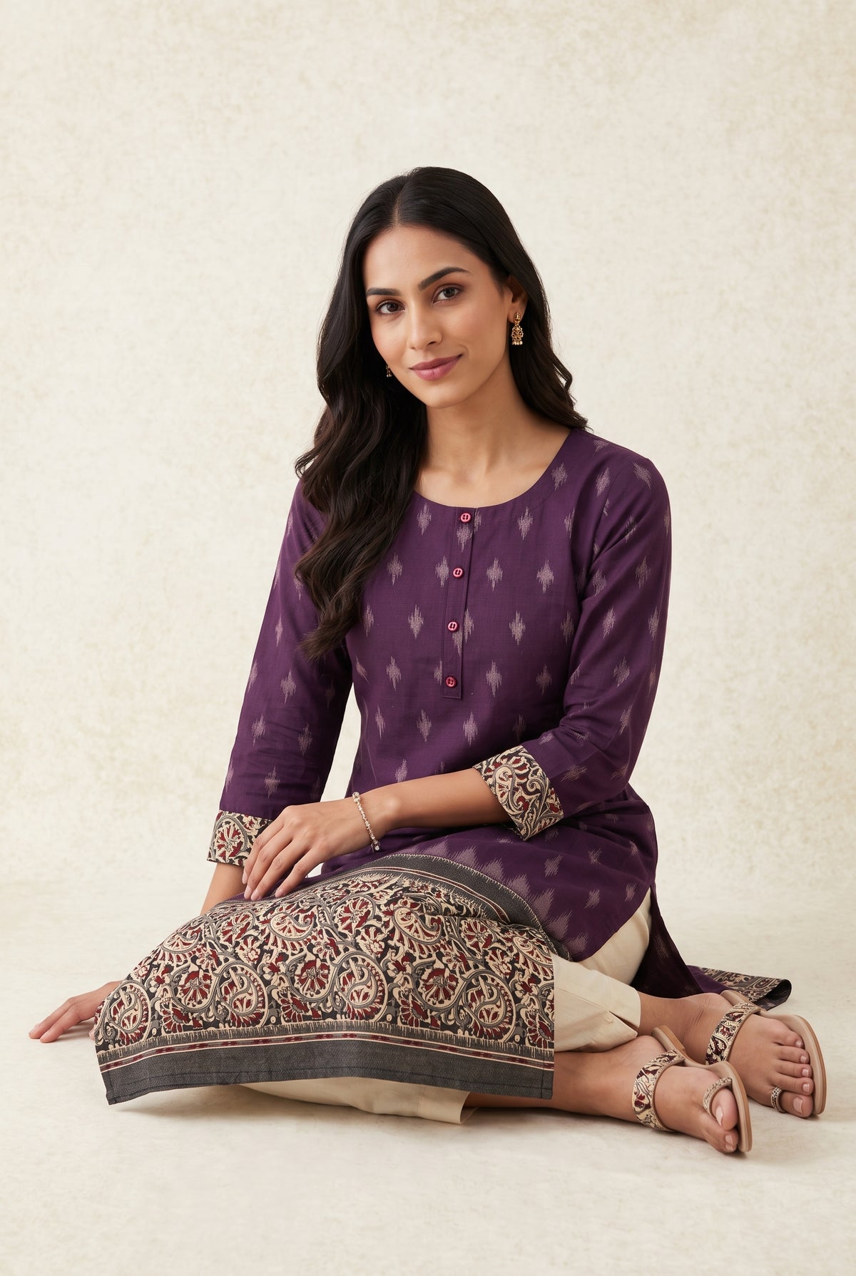 Plum Purple Madras Cotton Kurti with Kalamkari Border and Ikat print