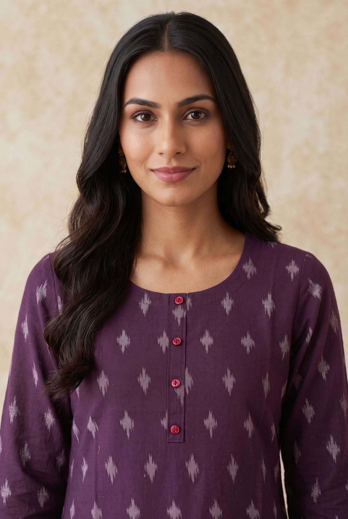 Plum Purple Madras Cotton Kurti with Kalamkari Border and Ikat print
