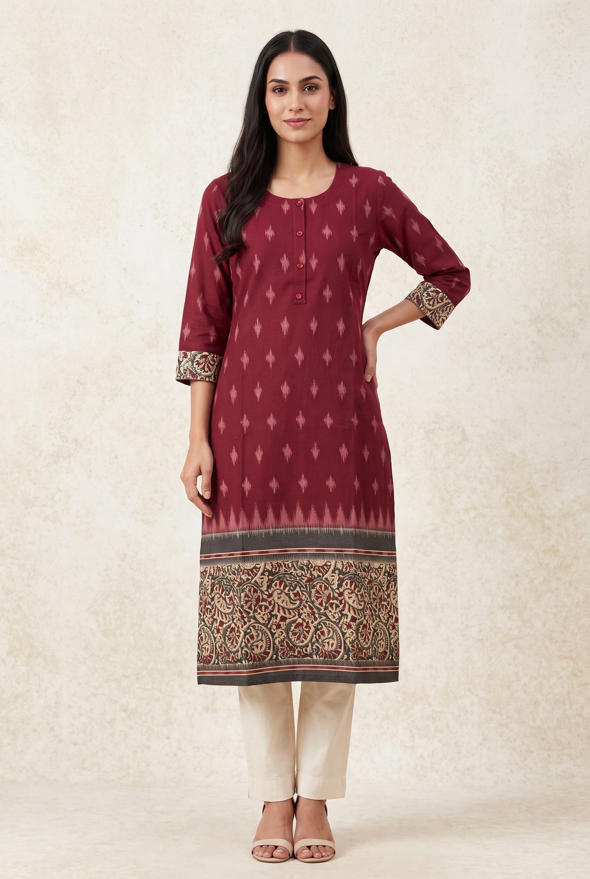Burgundy Madras Cotton Kurti with Kalamkari Border and Ikat print