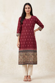Burgundy Madras Cotton Kurti with Kalamkari Border and Ikat print