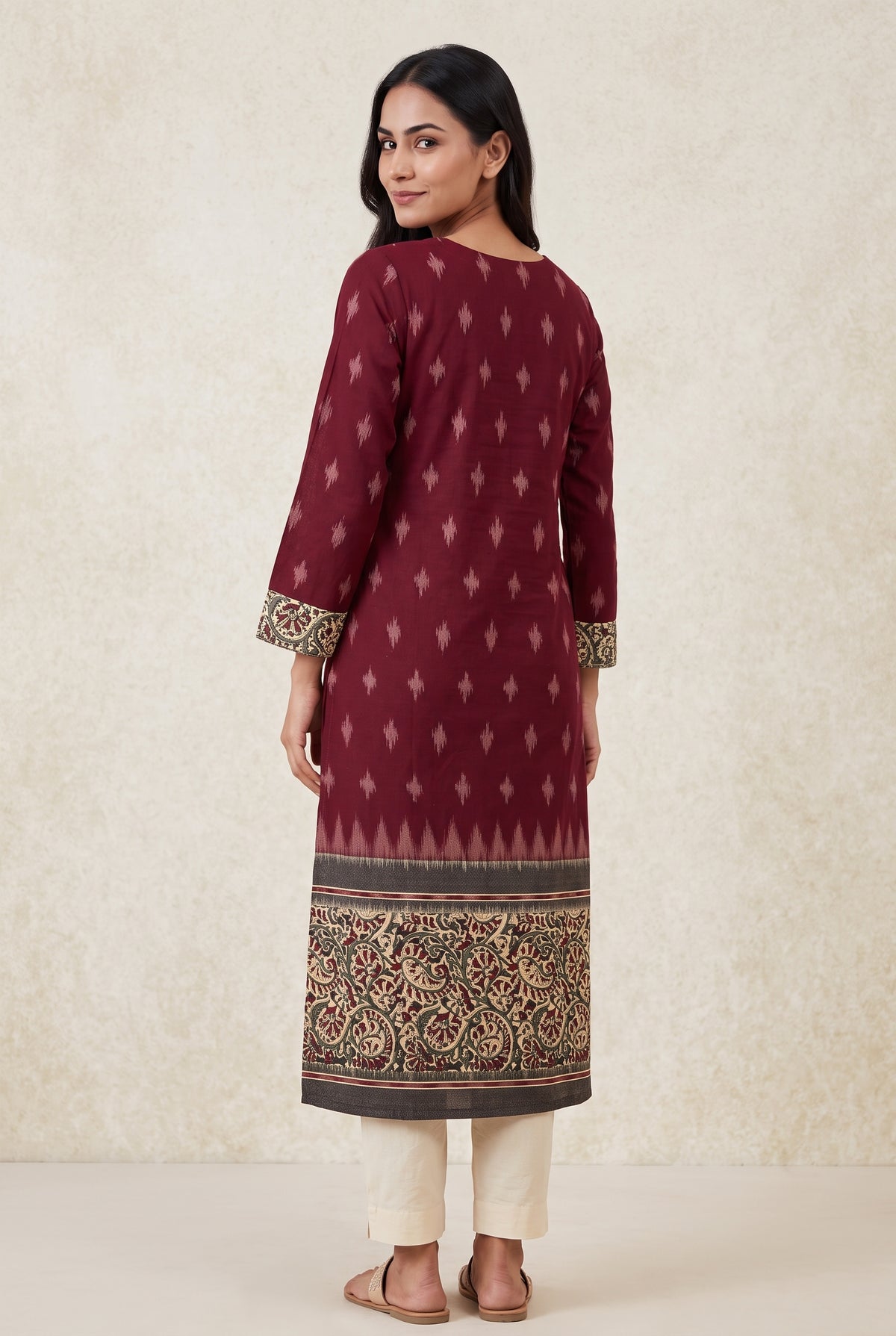 Burgundy Madras Cotton Kurti with Kalamkari Border and Ikat print