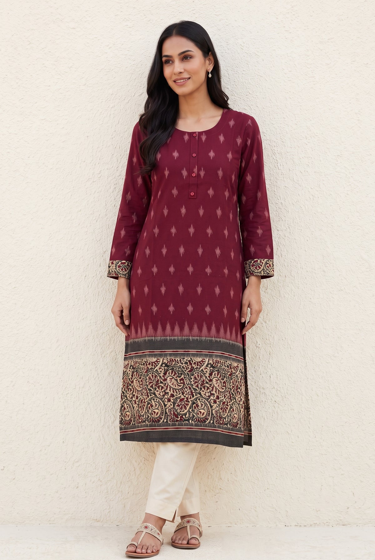 Burgundy Madras Cotton Kurti with Kalamkari Border and Ikat print