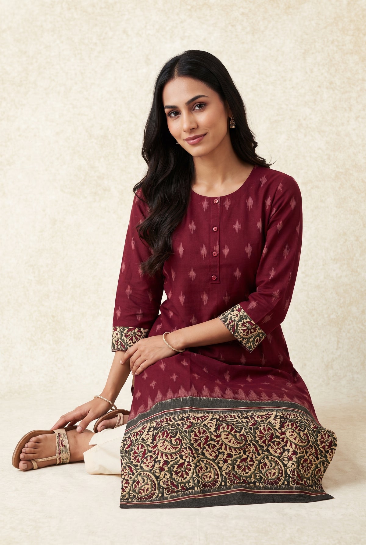 Burgundy Madras Cotton Kurti with Kalamkari Border and Ikat print