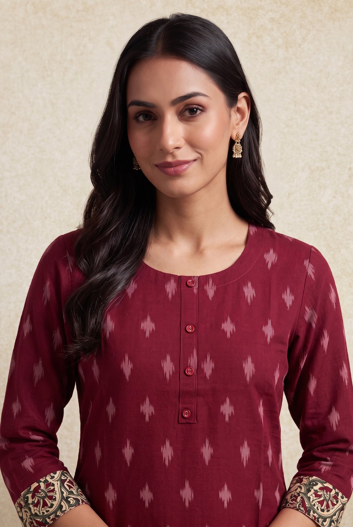 Burgundy Madras Cotton Kurti with Kalamkari Border and Ikat print