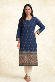 Ink Blue Madras Cotton Kurti with Kalamkari Border and Ikat print