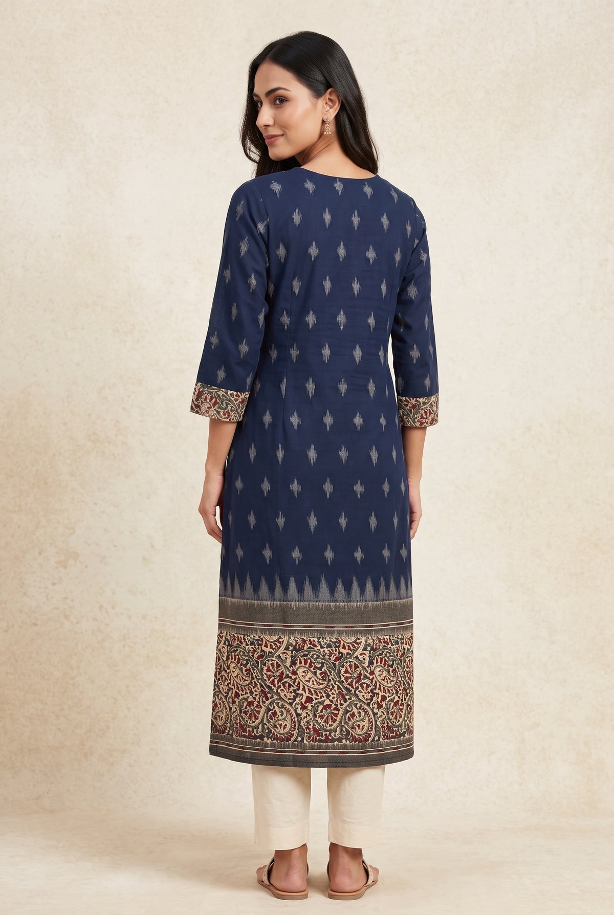 Ink Blue Madras Cotton Kurti with Kalamkari Border and Ikat print