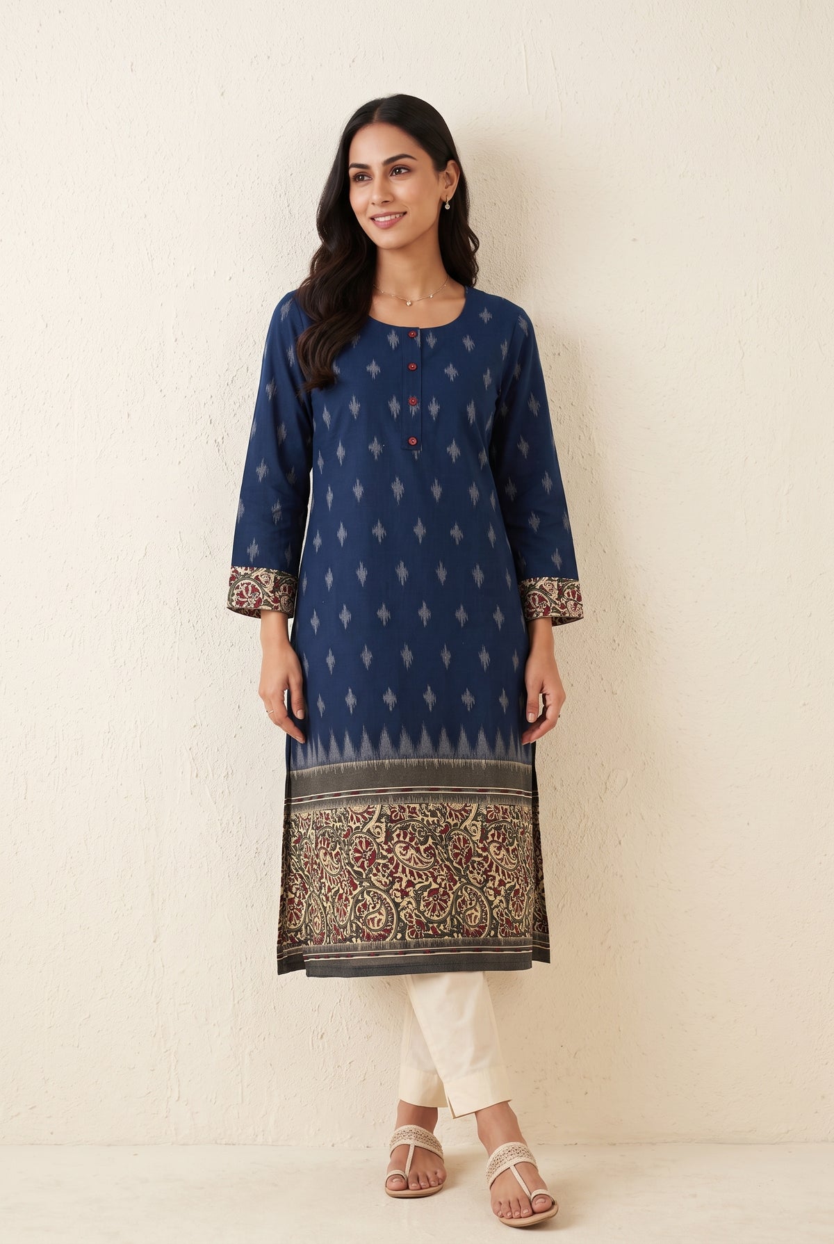 Ink Blue Madras Cotton Kurti with Kalamkari Border and Ikat print