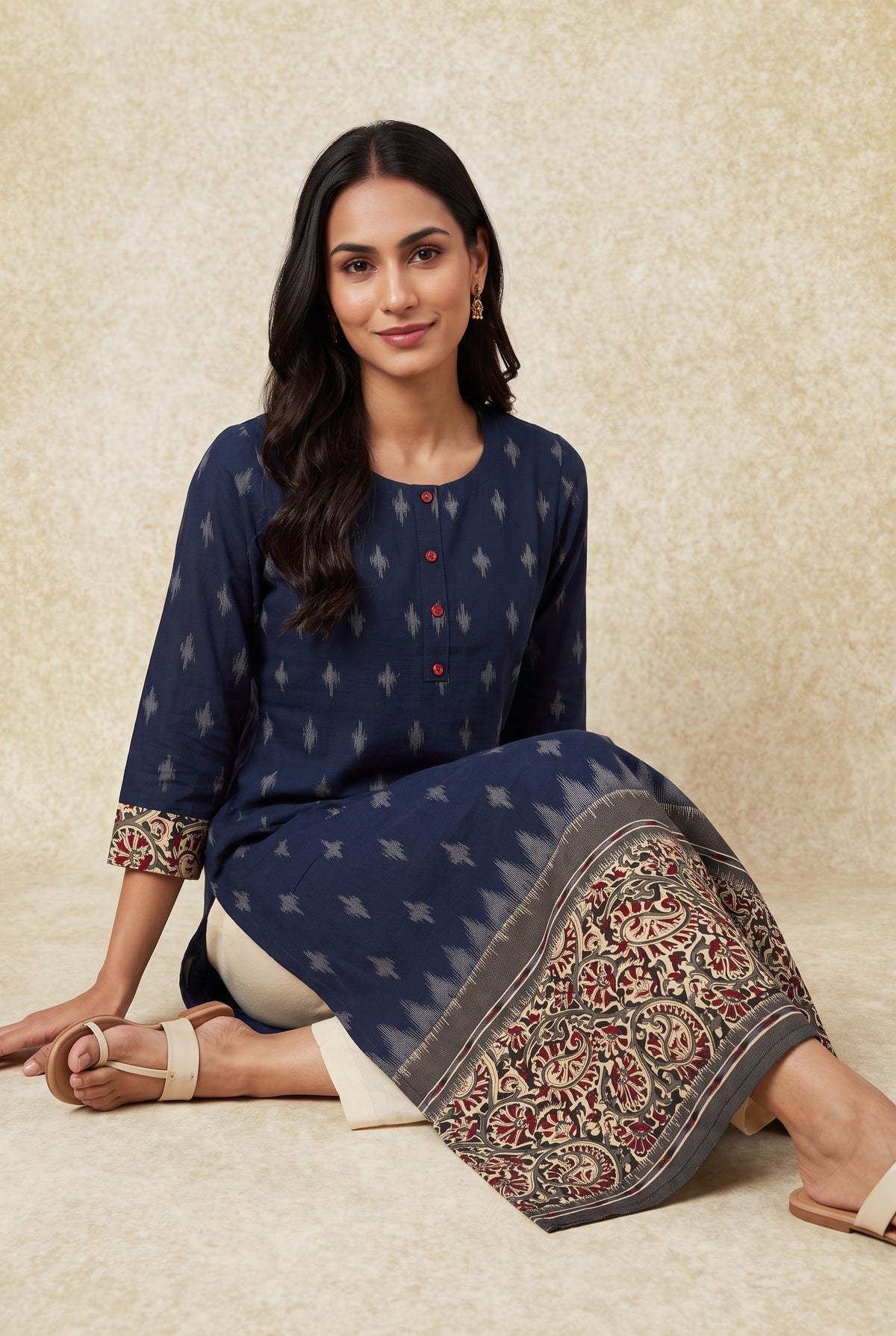 Ink Blue Madras Cotton Kurti with Kalamkari Border and Ikat print