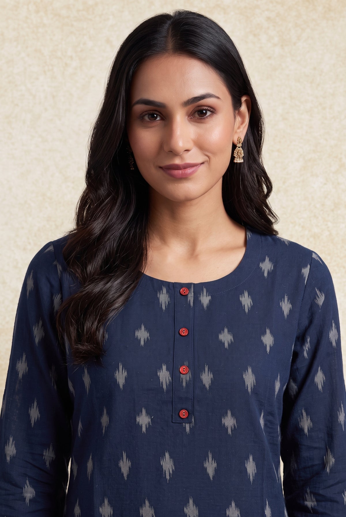 Ink Blue Madras Cotton Kurti with Kalamkari Border and Ikat print