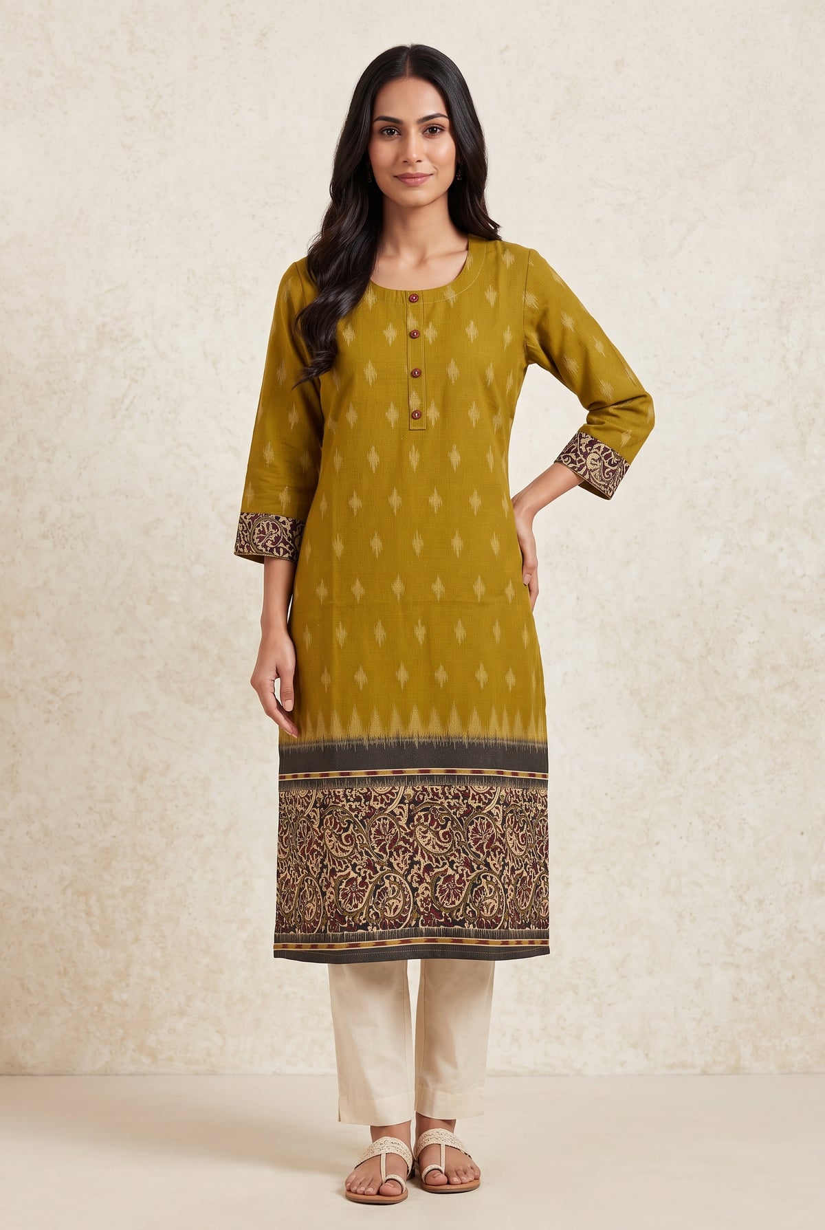 Mustard Yellow Madras Cotton Kurti with Kalamkari Border and Ikat print