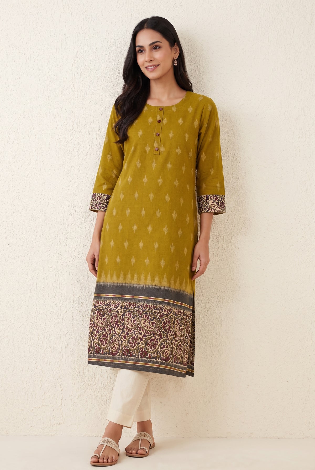 Mustard Yellow Madras Cotton Kurti with Kalamkari Border and Ikat print