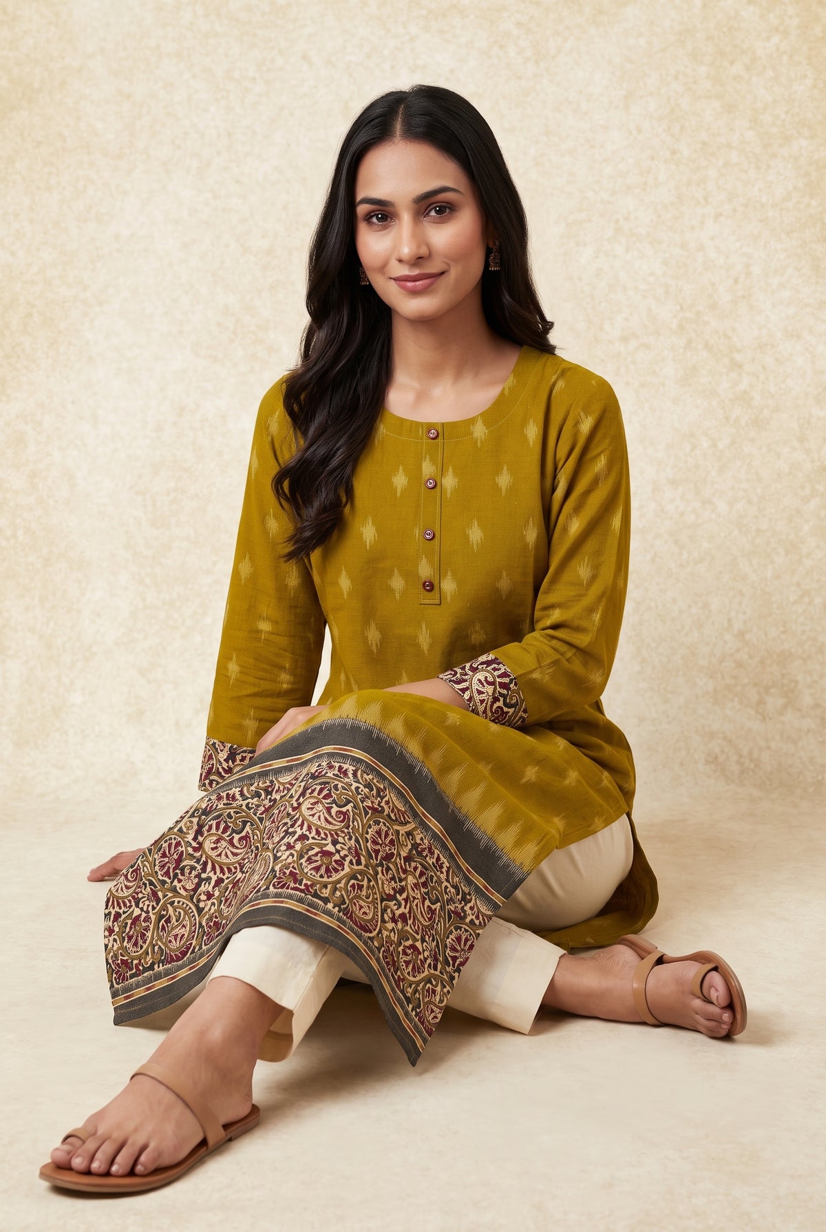 Mustard Yellow Madras Cotton Kurti with Kalamkari Border and Ikat print