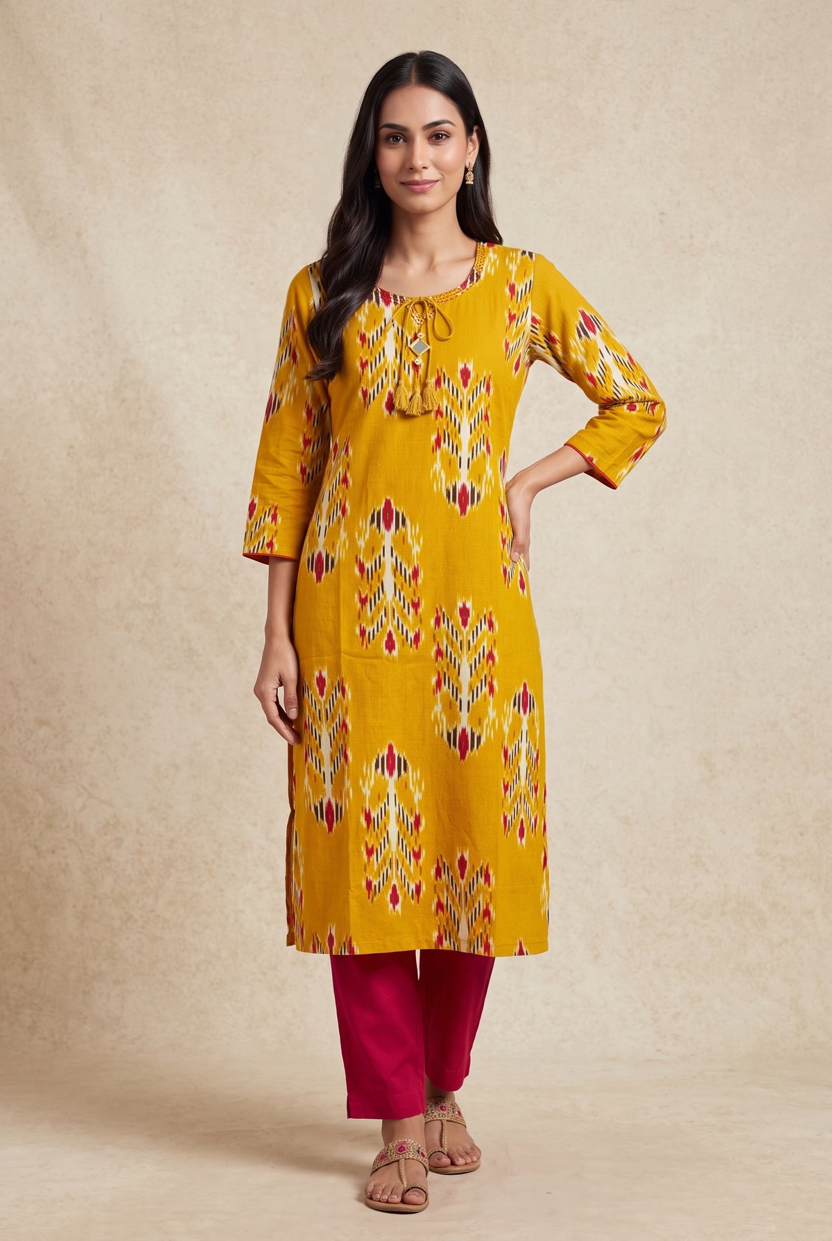 Haldi Yellow Cotton Kurti with Rani Pink Ikat-inspired motifs