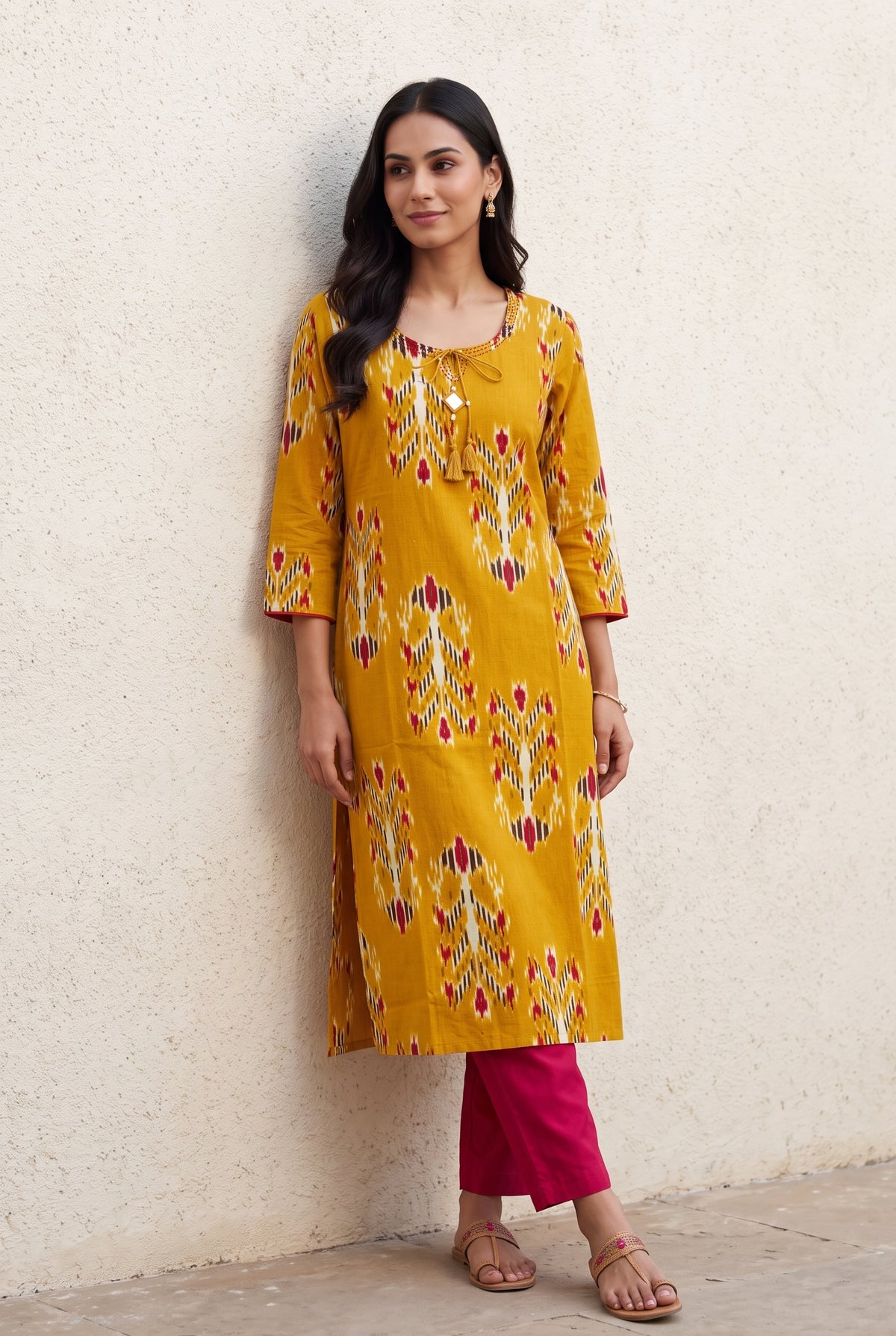 Haldi Yellow Cotton Kurti with Rani Pink Ikat-inspired motifs