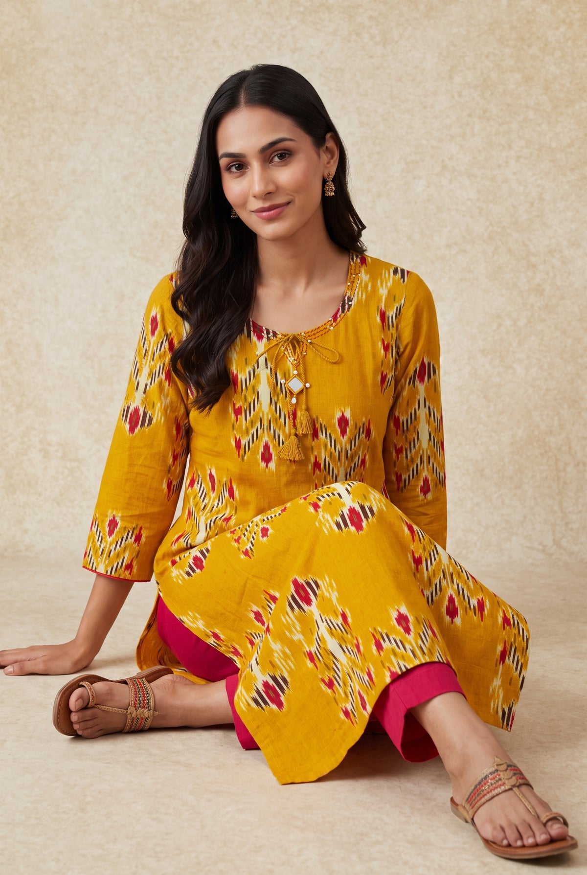 Haldi Yellow Cotton Kurti with Rani Pink Ikat-inspired motifs